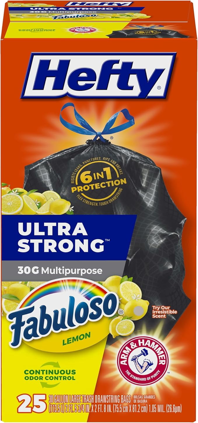 Hefty Ultra Strong 30 Gallon Trash Bags, Large Trash Bags 30 Gallon Size, Resists Leaks, Punctures, and Tears, Black, Fabuloso Lemon Scent, 25 Bags ( Pack of 2 )