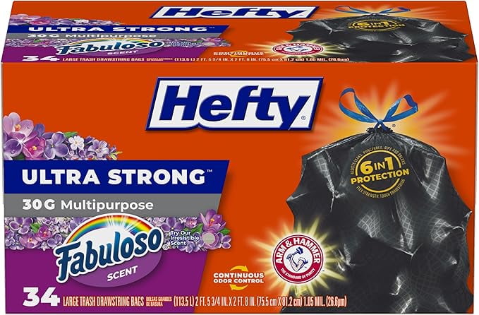Hefty Ultra Strong 30 Gallon Trash Bags, Large Trash Bags 30 Gallon Size Resists Leaks, Punctures, and Tears, Black, Fabuloso Scent, 34 Bags ( Pack of 2 )
