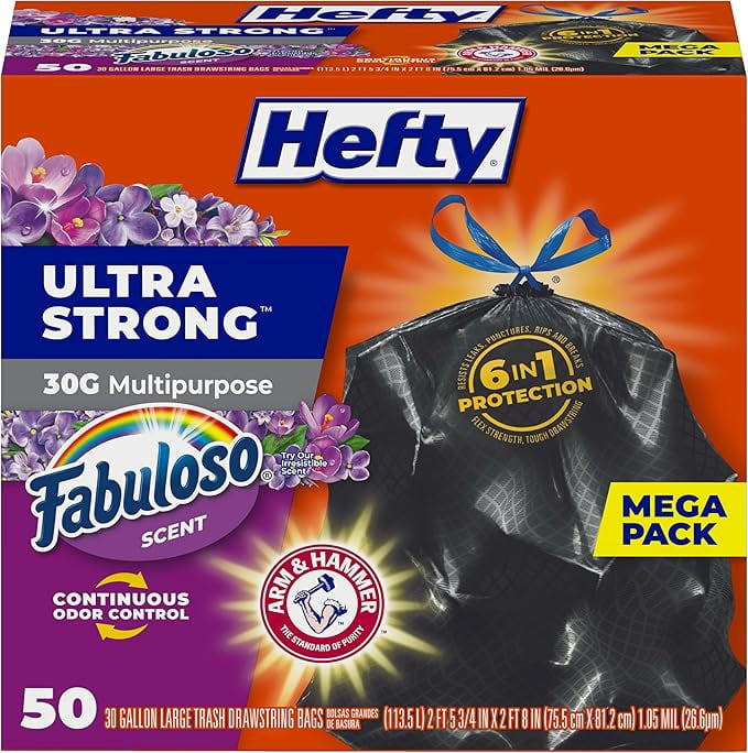 Hefty Ultra Strong 30 Gallon Trash Bags, Large Trash Bags 30 Gallon Size,, Resists Leaks, Punctures, and Tears, Black, Fabuloso Scent, 50 Bags ( Pack of 2 )