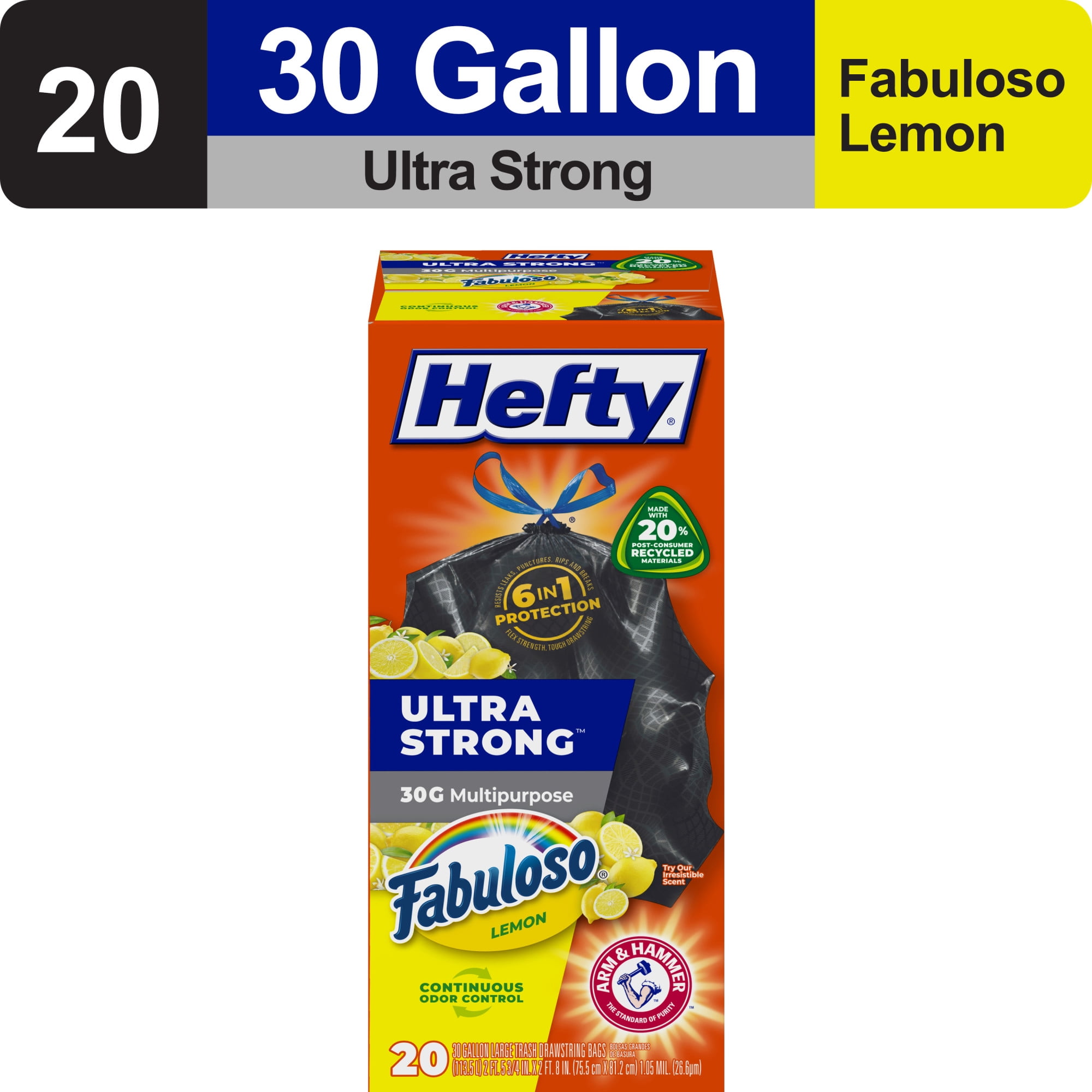 Hefty Ultra Strong 30 gallon Trash Bags, Black Large Trash Bags, Fabuloso Lemon Scent, 20 Bags
