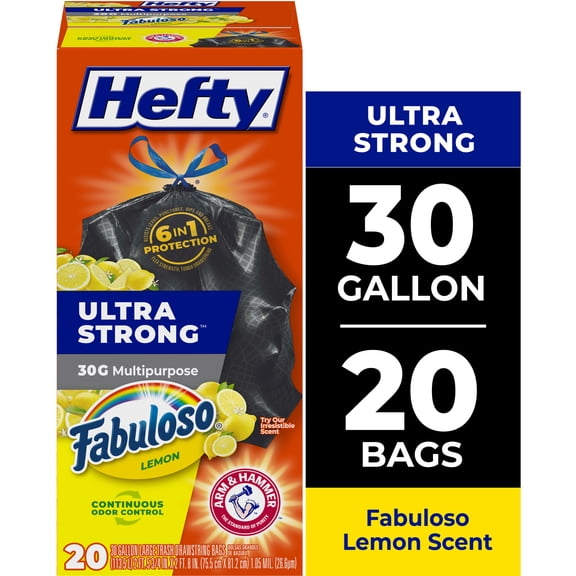 Hefty Ultra Strong 30 Gallon Trash Bags, Black Large Trash Bags, Fabuloso Lemon Scent, 20 Bags