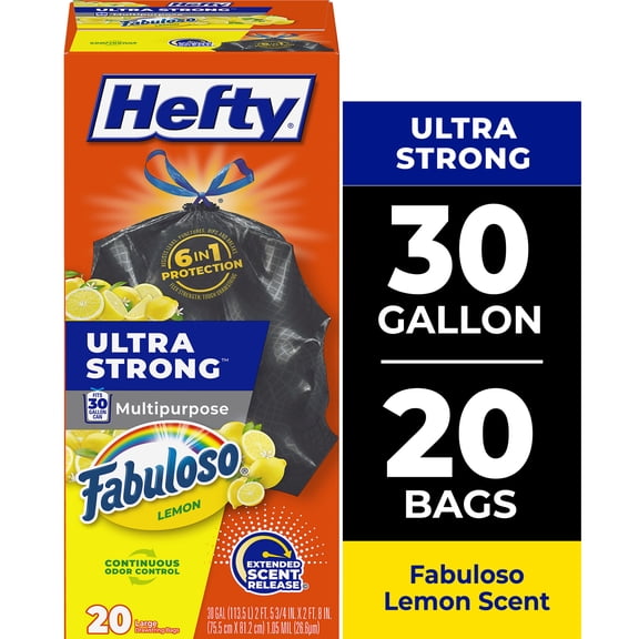 Hefty Ultra Strong 30 Gallon Trash Bags, Black Large Trash Bags, Fabuloso Lemon Scent, 20 Bags