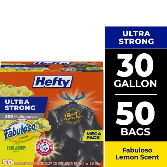Hefty Ultra Strong 30 Gallon Trash Bags, Large Trash Bags, Black, Fabuloso Lemon Scent, 50 Bags