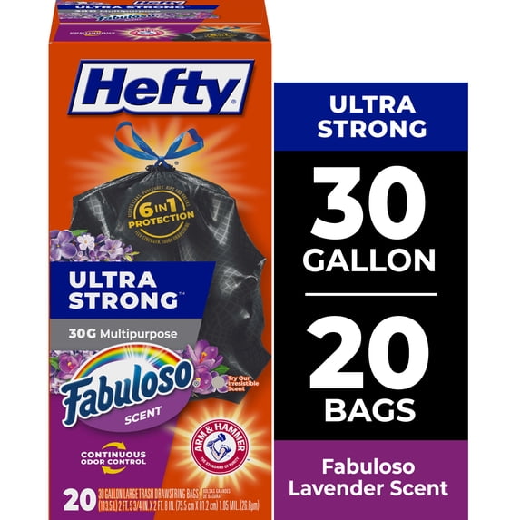 Hefty Ultra Strong 30 Gallon Trash Bags, Black Large Trash Bags, Fabuloso Scent, 20 Bags