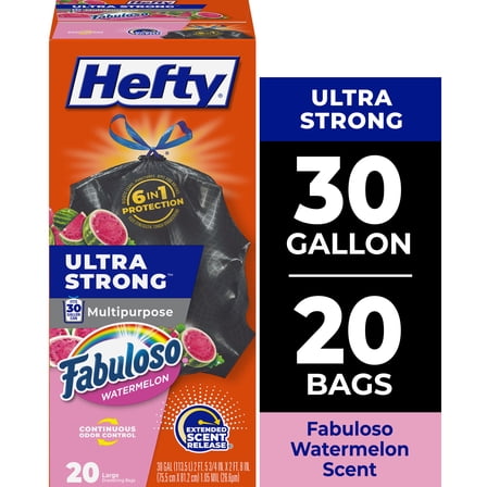 Hefty Ultra Strong 30 Gallon Trash Bags, Black Large Trash Bags, Fabuloso Watermelon Scent, 20 Bags