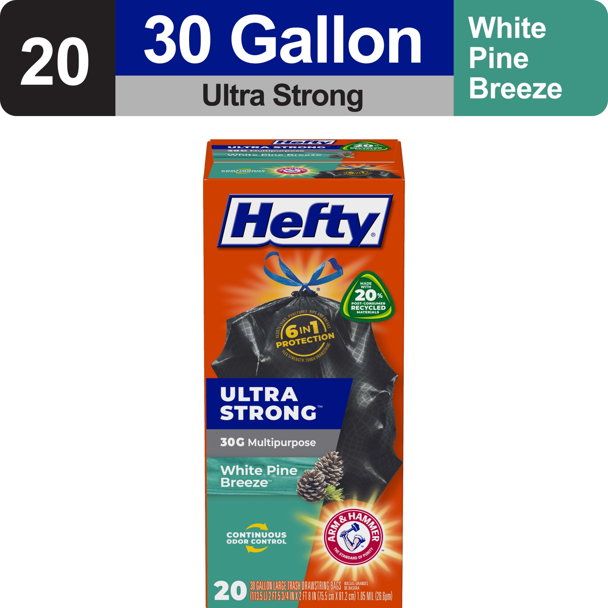 Hefty Ultra Strong 30 gallon Trash Bags, Black Large Trash Bags, White Pine Breeze Scent, 20 Bags