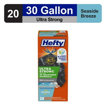 Hefty Ultra Strong 30 gallon Trash Bags, Multipurpose Large Trash Bags Made with Recovered Materials, Including Coastal Plastic, Black, Seaside Breeze Scent, 20 Bags