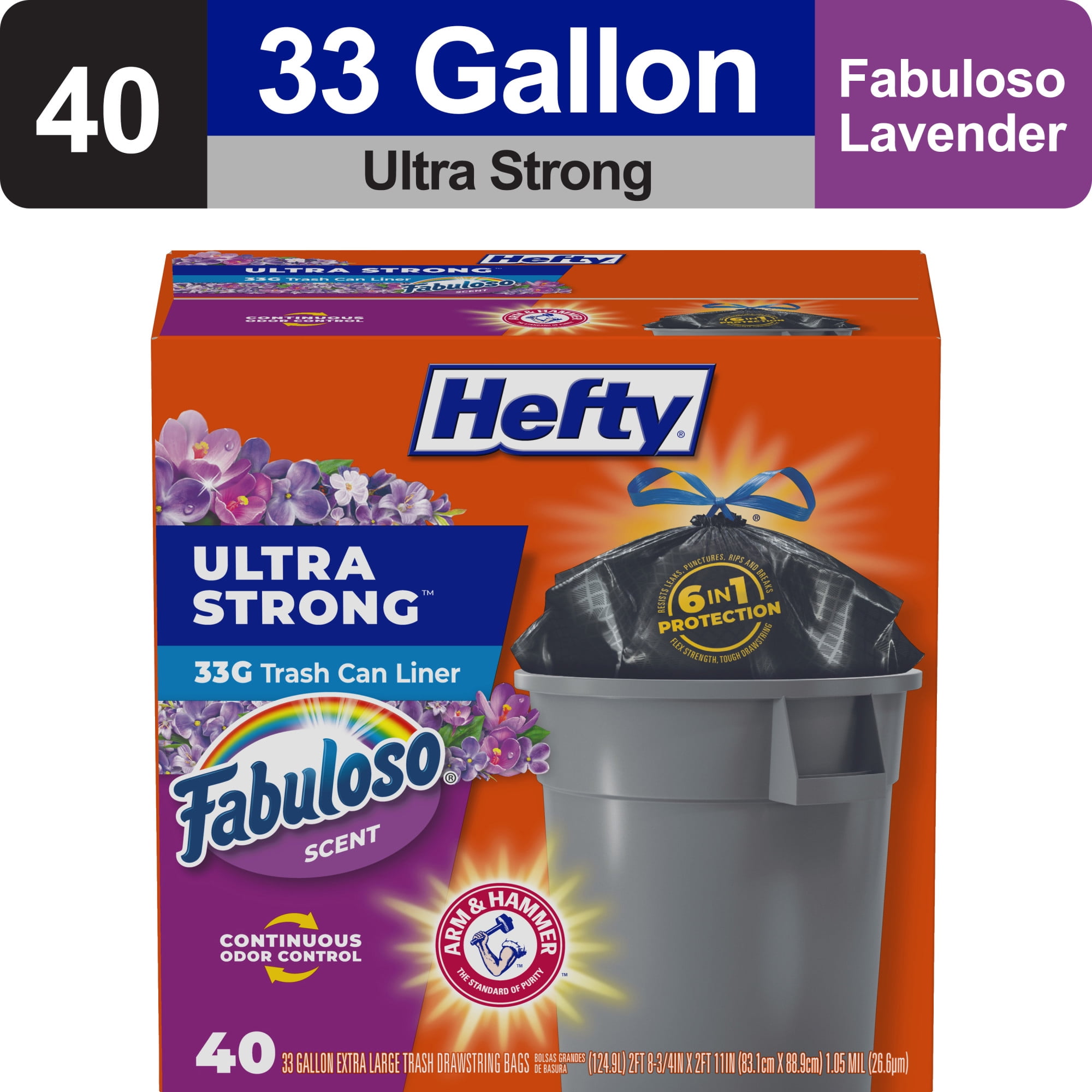 Hefty Ultra Strong 33 Gallon Trash Bags, Large Trash Bags, Black, Fabuloso Scent, 40 Bags