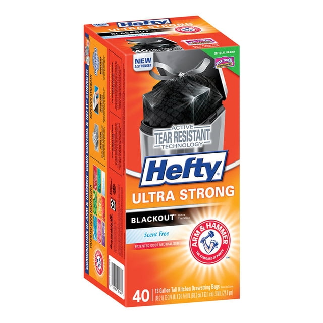 Hefty Ultra Strong Blackout Scent Free Tall Kitchen Drawstring Bags, 40