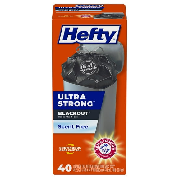 Hefty Ultra Strong Blackout Tall Kitchen Drawstring Trash Bags, 13 Gallon - Scent Free - 40 Count