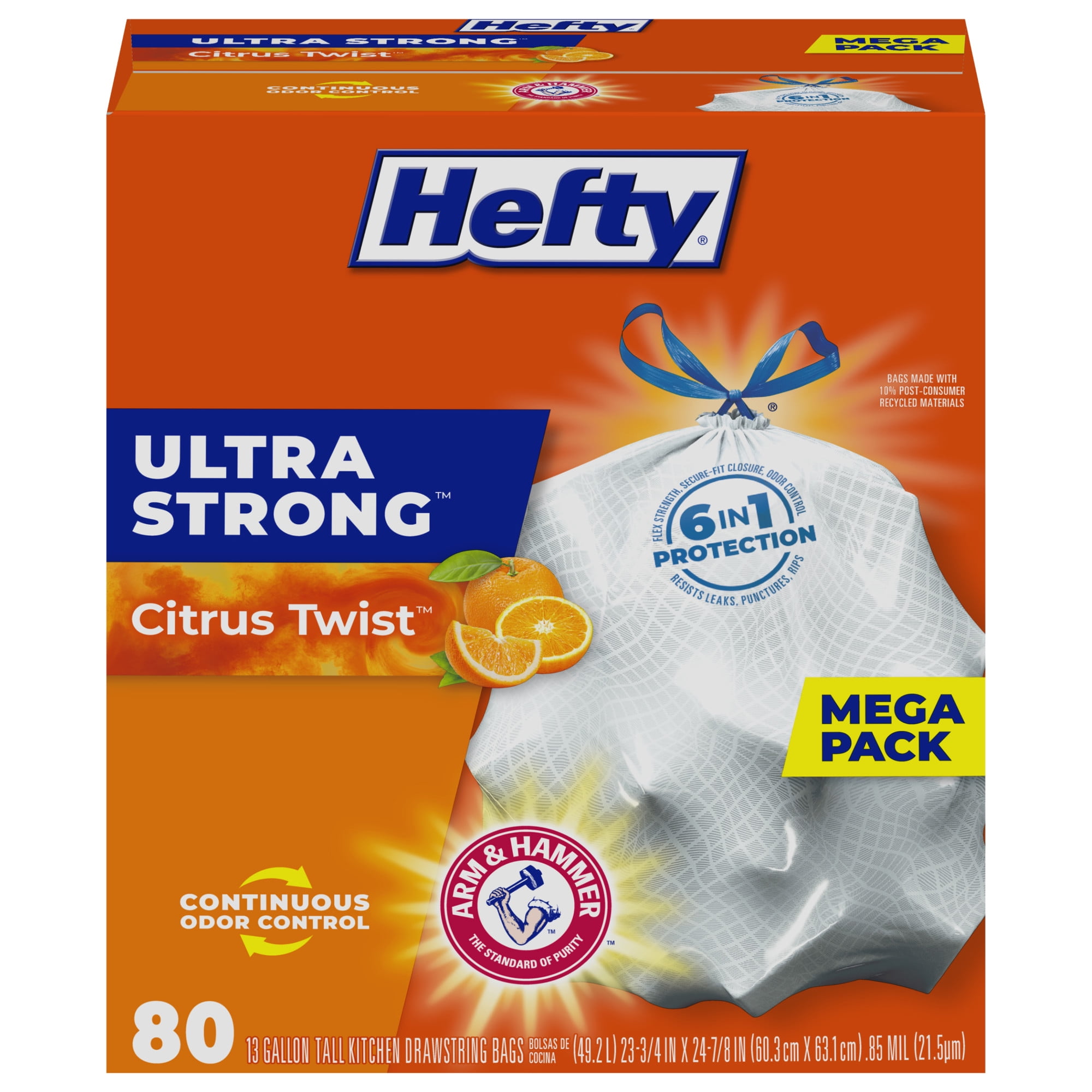 Hefty Ultra Strong 13 Gallon Trash Bags, Tall Kitchen Trash Bags, White, Citrus Twist Scent, 80 Bags