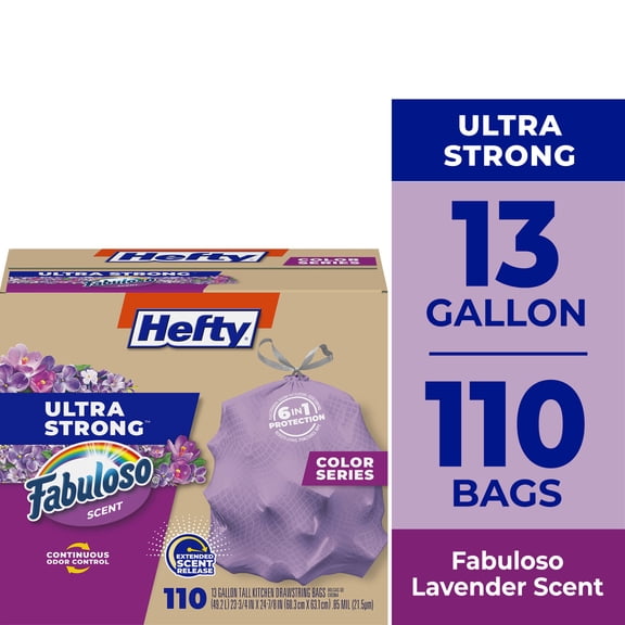 Hefty Ultra Strong 13 Gallon Trash Bags, Tall Kitchen Trash Bags, Purple, Fabuloso Scent, 110 Bags