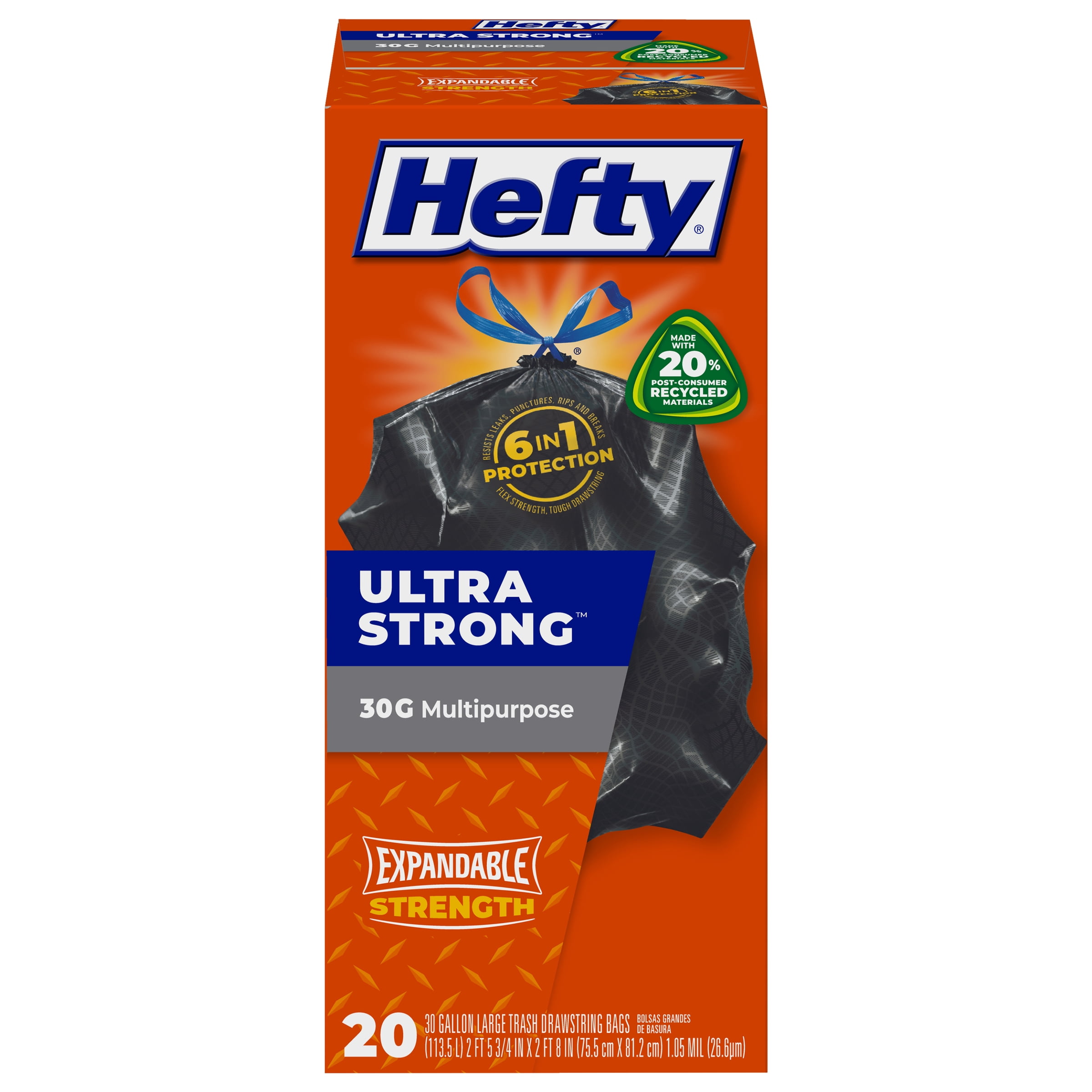 Hefty Ultra Strong Large Trash Bags, Black, Unscented, 30 Gallon, 20 Count