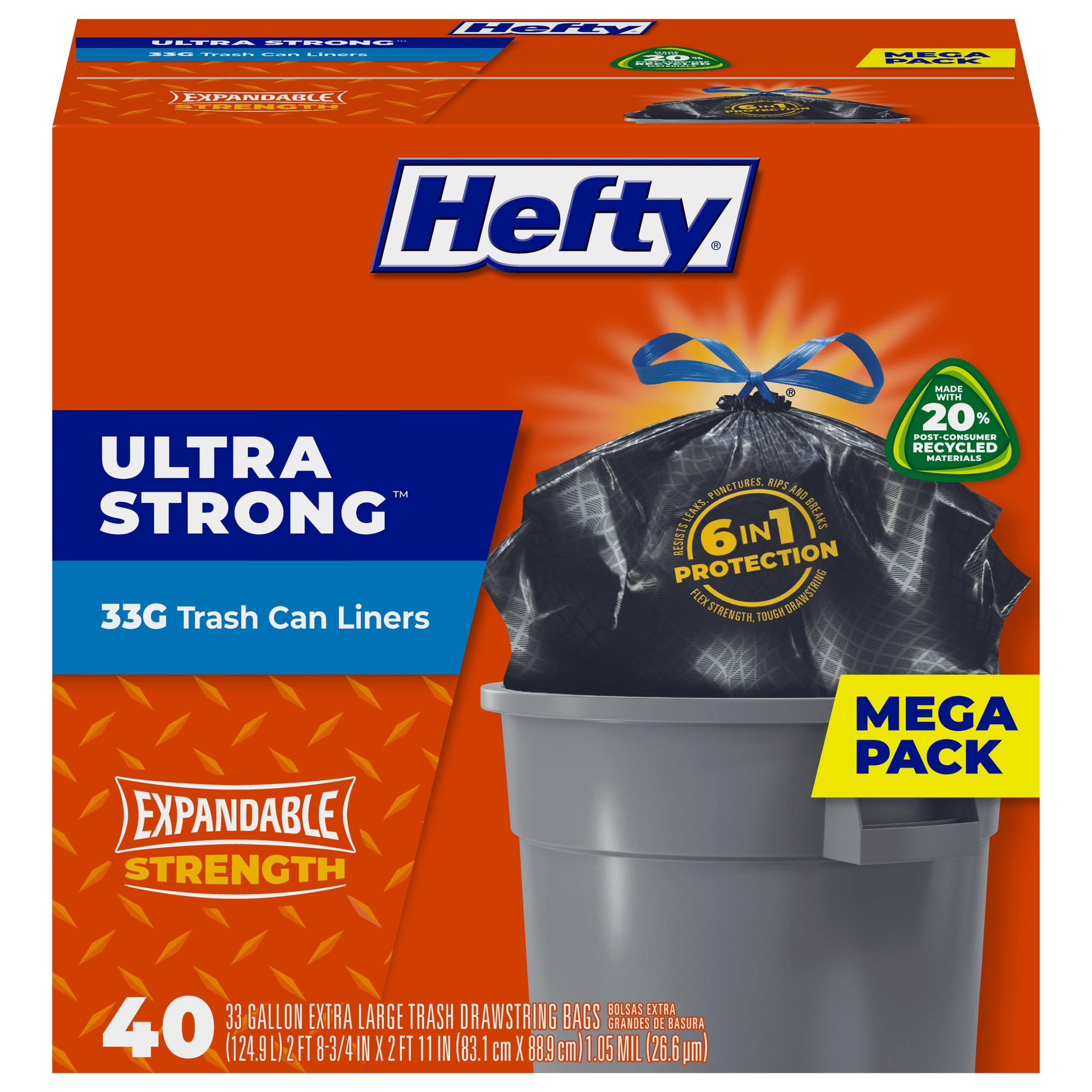 Hefty Strong Trash Can Liner, Drawstring, Extra Large, 33 Gallon - 40 bags