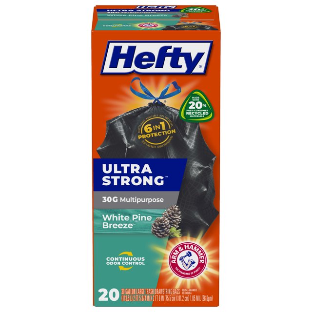 Hefty Ultra Strong Large Trash Bags, Black, White Pine Breeze Scent, 30