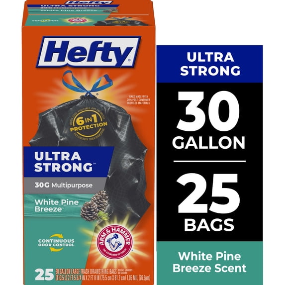Hefty Ultra Strong 30 Gallon Trash Bags, Black Large Trash Bags, White Pine Breeze Scent, 25 Bags