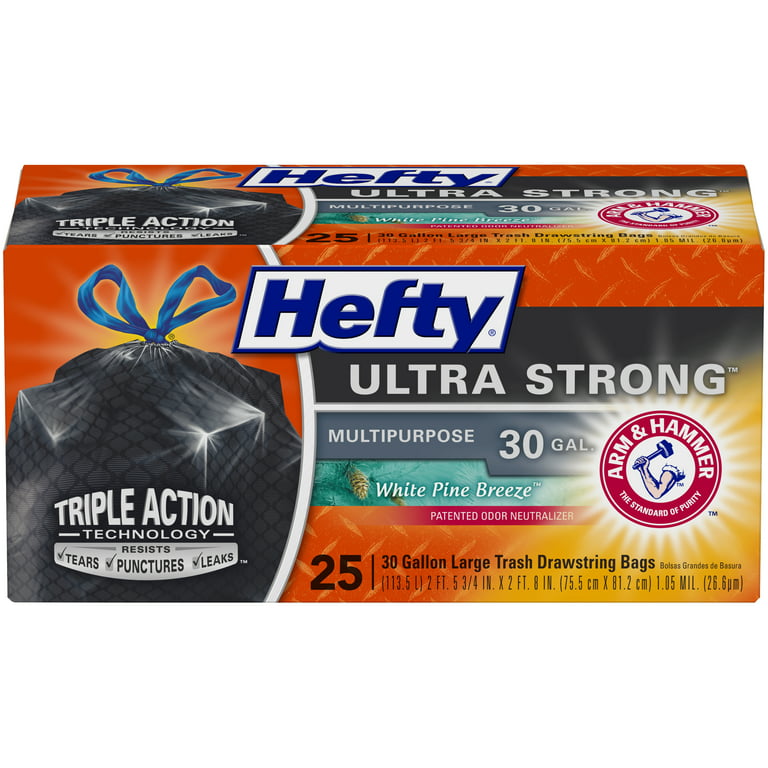 Hefty Ultra Strong Large Multipurpose Drawstring Trash Bags, White Pine  Breeze, 30 Gallon, 25 Count