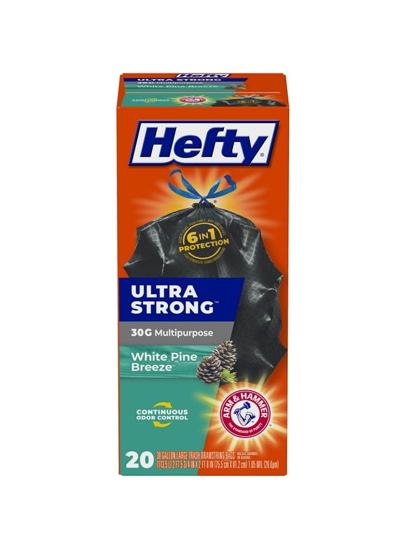 Hefty Ultra Strong Multipurpose Large Trash Bags, Black, 30 Gallon, 20 Count, White Pine Breeze Scent