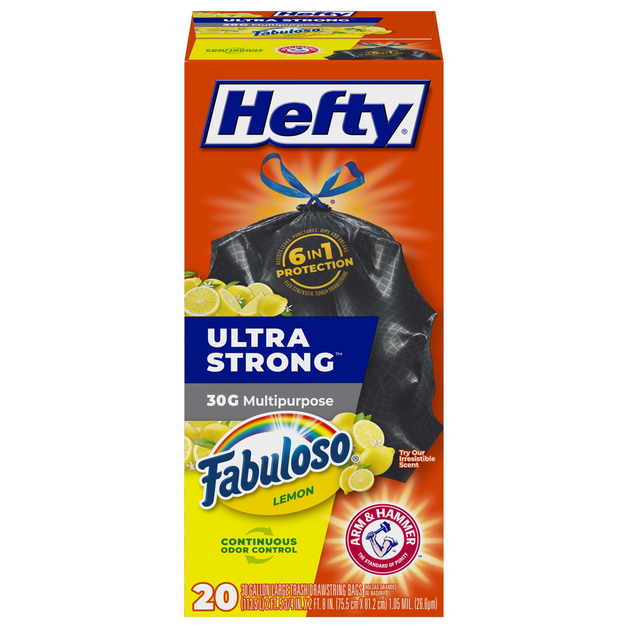 Hefty Ultra Strong 30 gallon Trash Bags, Black Large Trash Bags, Fabuloso Lemon Scent, 20 Bags