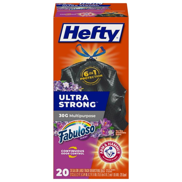 Hefty Ultra Strong Multipurpose Large Trash Bags, Black, Fabuloso Lemon Scent, 30 Gallon, 50ct