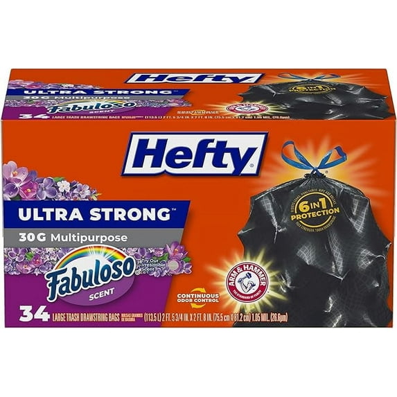 Hefty Ultra Strong Multipurpose Large Trash Bags, Black, Fabuloso Scent, 30 Gallon, 34 Count