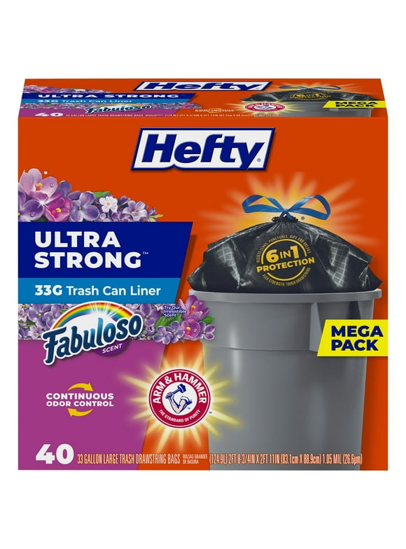 Hefty Ultra Strong Multipurpose Large Trash Bags, Black, Fabuloso Scent, 33 Gallon, 40 Count