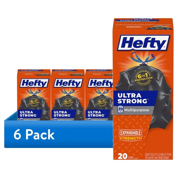 (6 pack) Hefty Ultra Strong Multipurpose Large Trash Bags, Black, Unscented, Made with 20% Post-Consumer Recycled Materials, 30 Gallon, 20 Count