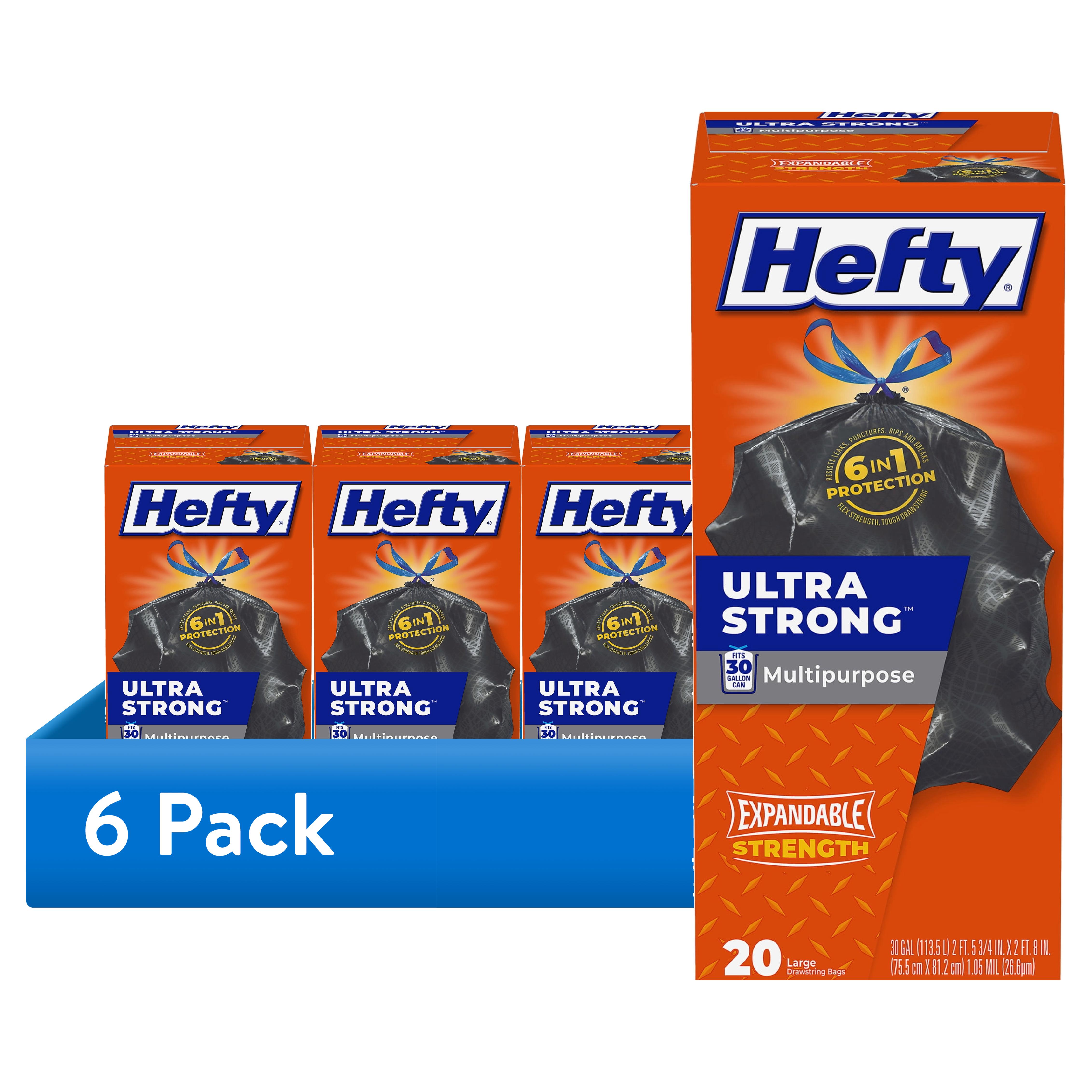 (6 pack) Hefty Ultra Strong Multipurpose Large Trash Bags, Black, Unscented, Made with 20% Post-Consumer Recycled Materials, 30 Gallon, 20 Count at Walmart