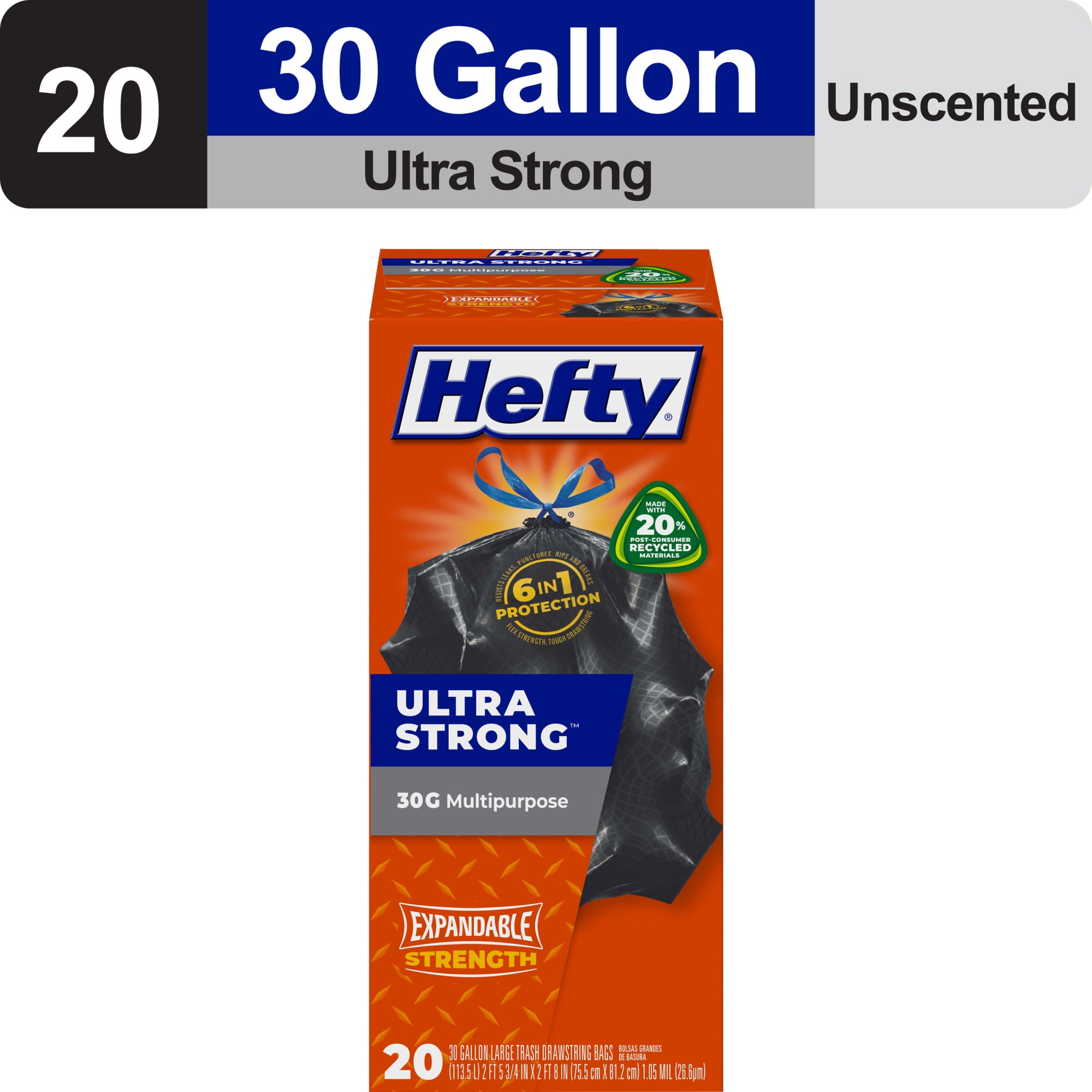Hefty Ultra Strong Multipurpose Large Trash Bags, Black, Unscented, Made with 20% Post-Consumer Recycled Materials, 30 gallon, 20 Count