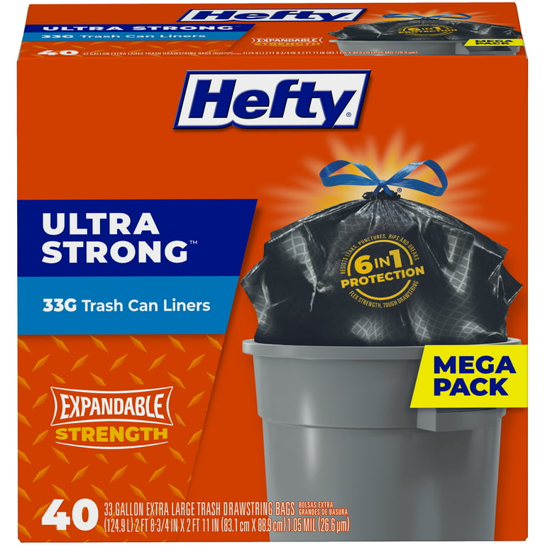 Hefty Ultra Strong Multipurpose Large Trash Bags, Black, Unscented Scent, 33  Gal