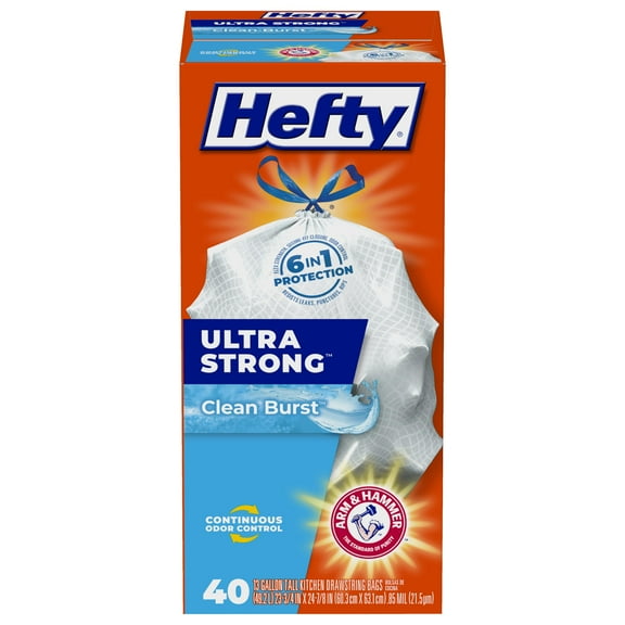 Hefty Ultra Strong SCH413 Gallon Trash Bags, Tall Kitchen Trash Bags 13 Gallon Size, Drawstring Closure, Continuous Odor Control, White, Clean Burst Scent, 40 Bags