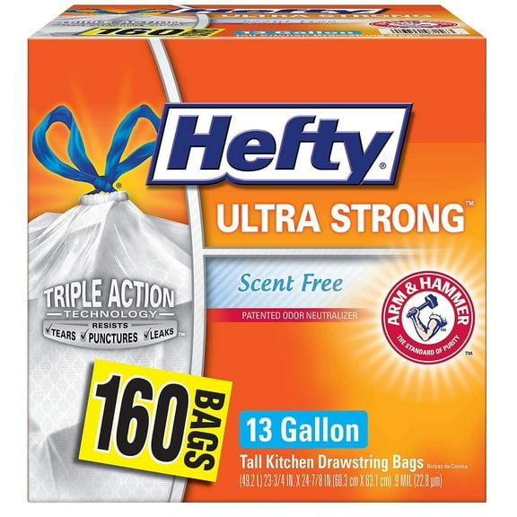 Hefty Ultra Strong Scent Free Tall Kitchen Drawstring Bags, 13 Gallon, 160 Count Box