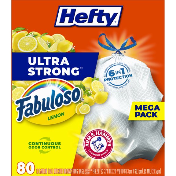 Hefty Ultra Strong Tall Fabuloso Lemon Kitchen Drawstring Bags Mega Pack 80 ea