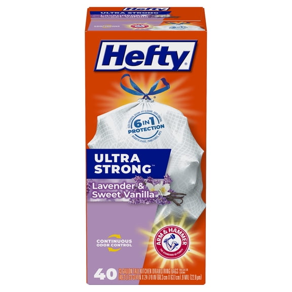 Hefty Ultra Strong Tall Kitchen Drawstring Trash Bags, Lavender & Sweet Vanilla, (Pack of 32)