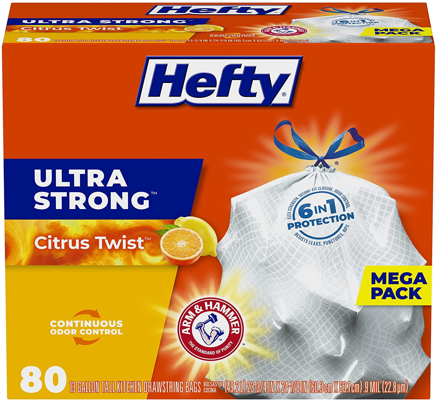 Hefty Ultra Strong Tall Kitchen Trash Bags, 13 Gallon Citrus Twist Scent, 80 Count (Pack of 1), White