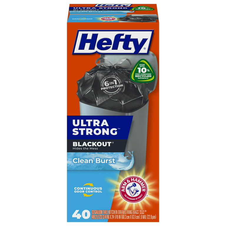 Hefty Ultra Strong Tall Kitchen Trash Bags, Blackout, Clean Burst Scent, 13 Gallon, 40 Count, White