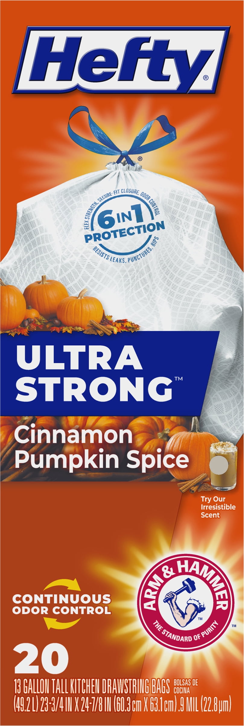 Hefty Ultra Strong Tall Kitchen Trash Bags, Cinnamon Pumpkin Spice Scent,  13 Gallon, 20 Count 