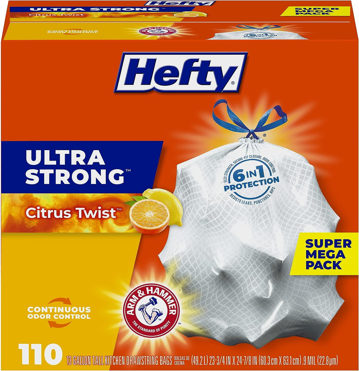 Hefty Ultra Strong Tall Kitchen Trash Bags, Citrus Twist Scent, 13 Gallon, 110 Count