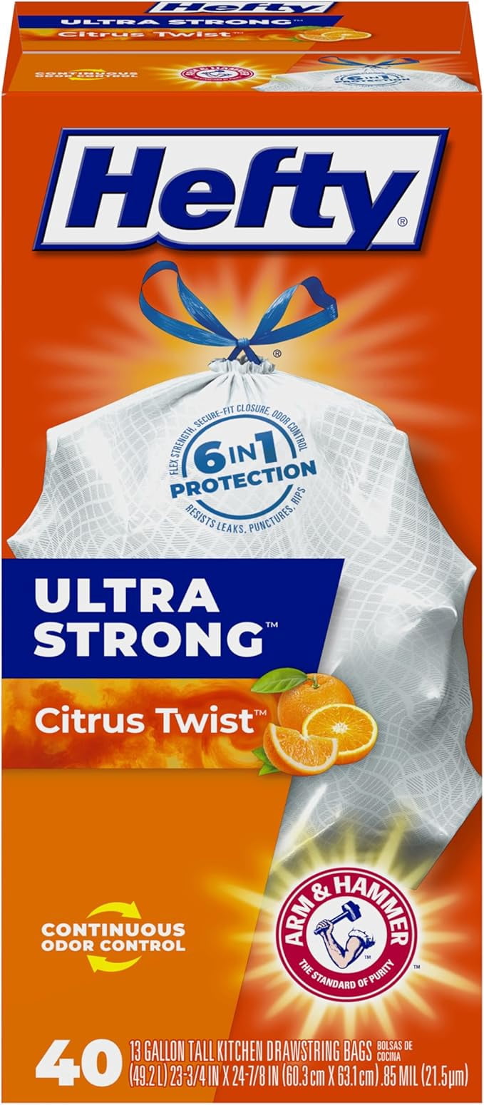 Hefty Ultra Strong Tall Kitchen Trash Bags, Citrus Twist Scent, 13 Gallon, 40 Count ( Pack of 2 )