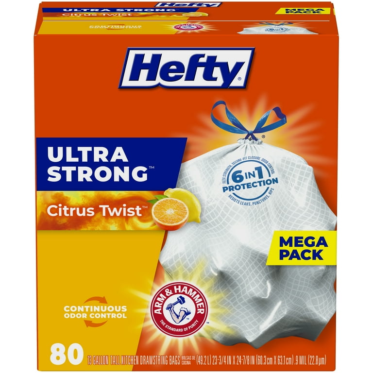 Hefty Ultra Strong Tall Kitchen Trash Bags, Clean Burst Scent, 13 Gallon,  80 Count 