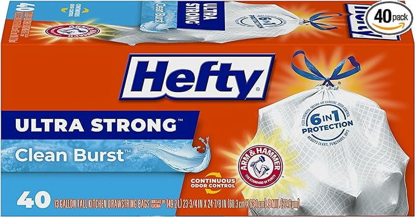 Hefty Ultra Strong Tall Kitchen Trash Bags, Clean Burst Scent, 13 Gallon, 40 Count ( Pack of 2 )