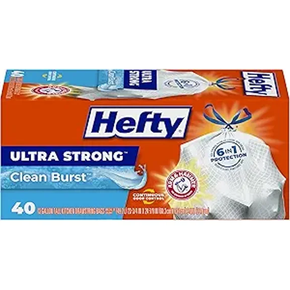 Hefty Ultra Strong Tall Kitchen Trash Bags, Clean Burst Scent, 13 Gallon, 40 Count