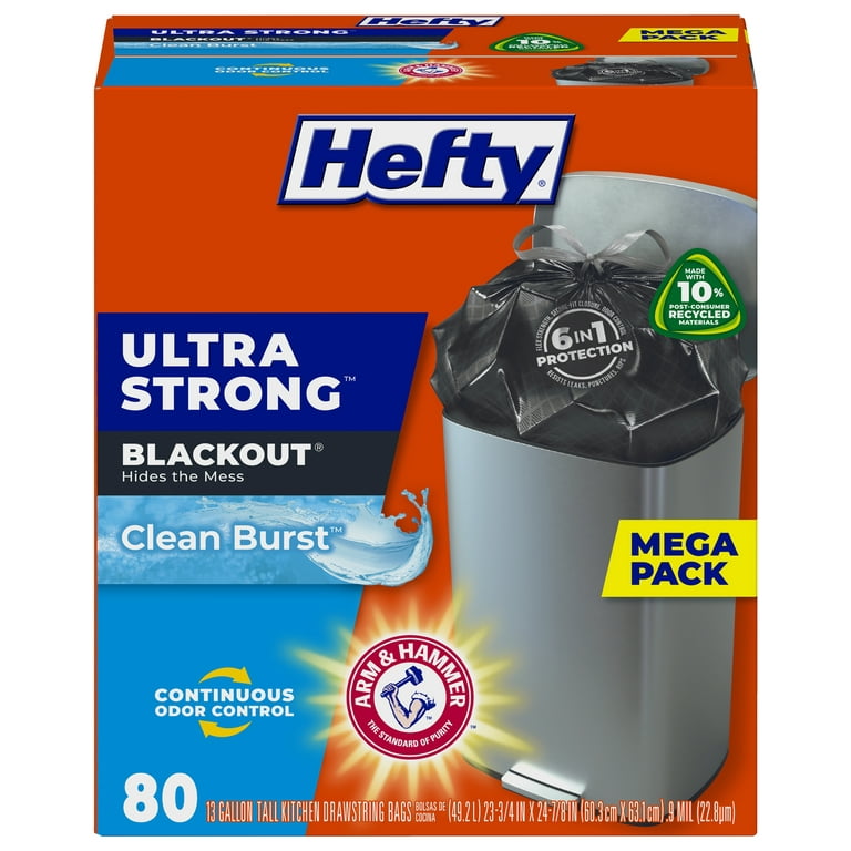 Hefty Ultra Strong Tall Kitchen Trash Bags, Clean Burst Scent, 13 Gallon, 80 Count, Size: 6 in