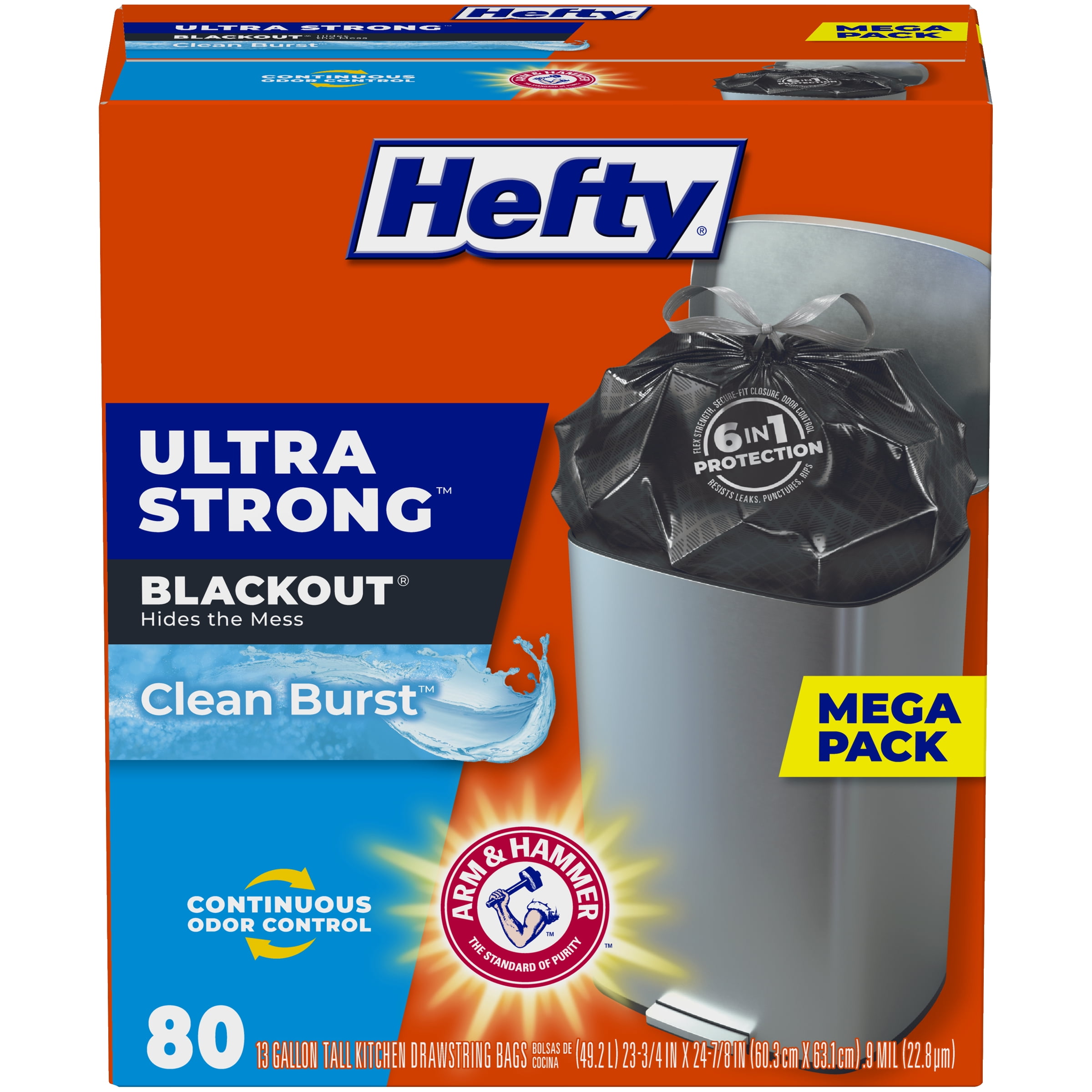 Hefty Ultra Strong Tall Kitchen Trash Bags, Clean Burst Scent, 13 Gallon,  80 Count