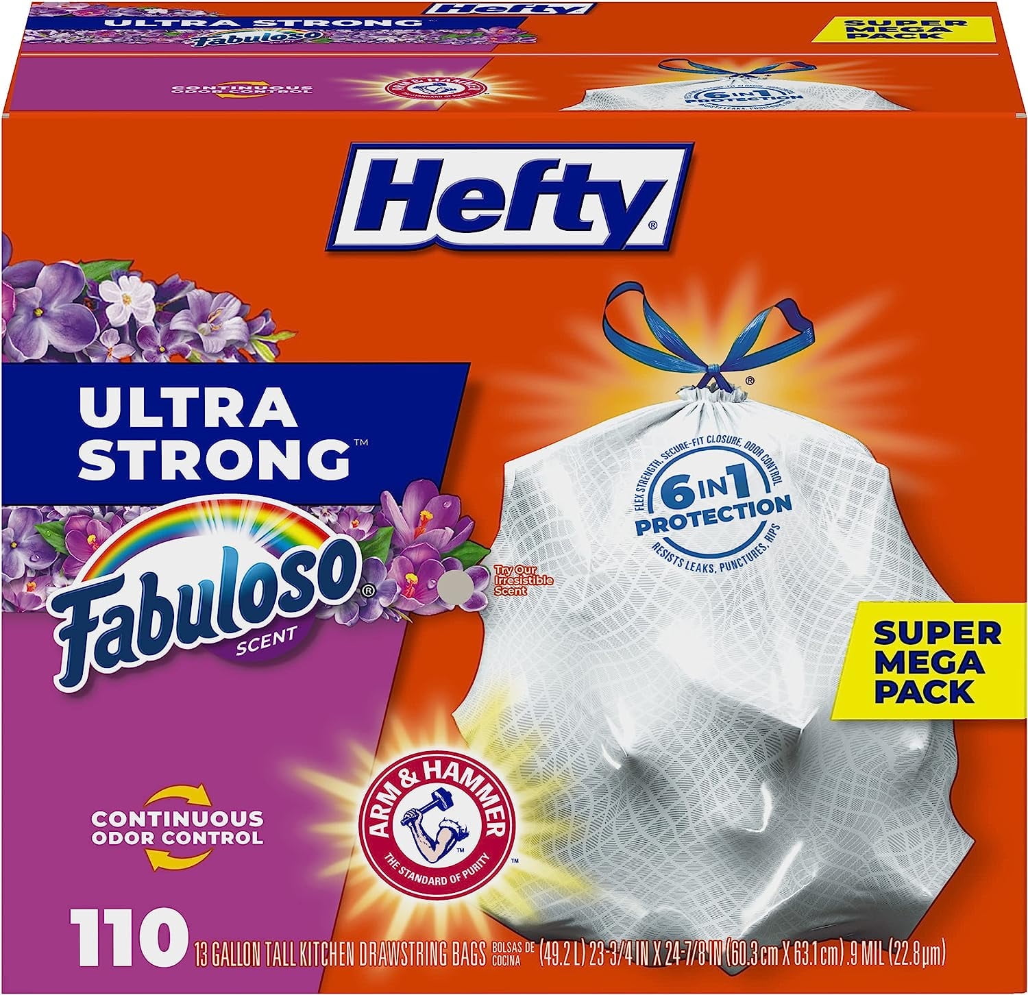 Hefty Ultra Strong Tall Kitchen Trash Bags, Fabuloso Scent, 13 Gallon, 110 Count
