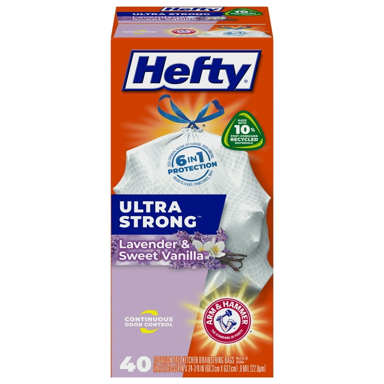 Hefty Ultra Strong Tall Kitchen Trash Bags, Lavender & Sweet Vanilla Scent,  13 Gallon, 40 Count