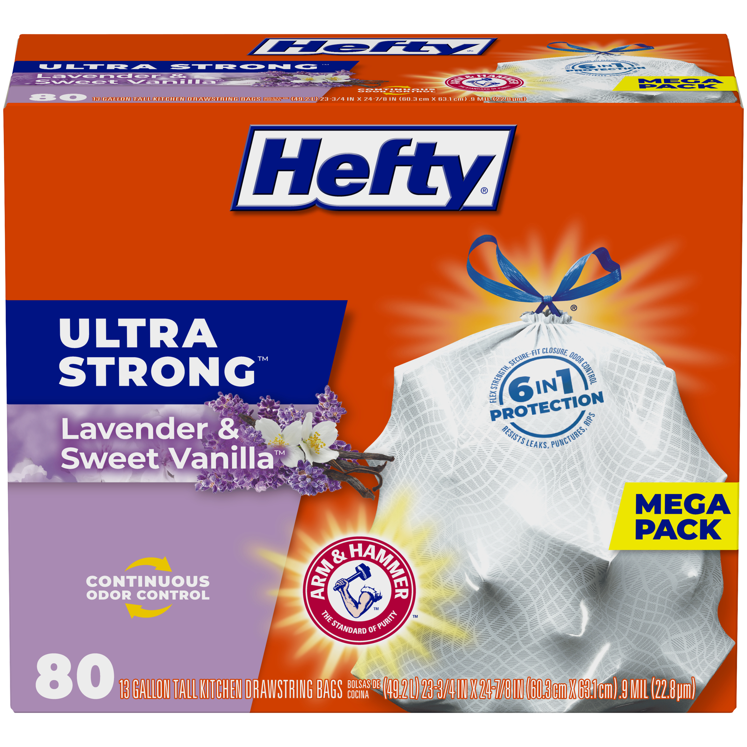 Hefty Ultra Strong Tall Kitchen Trash Bags, Lavender & Sweet Vanilla Scent, 13 Gallon, 80 Count - image 1 of 11