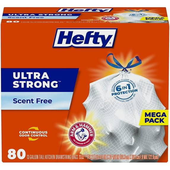 Hefty Ultra Strong Tall Kitchen Trash Bags, Unscented, 13 Gallon, (80 Count)