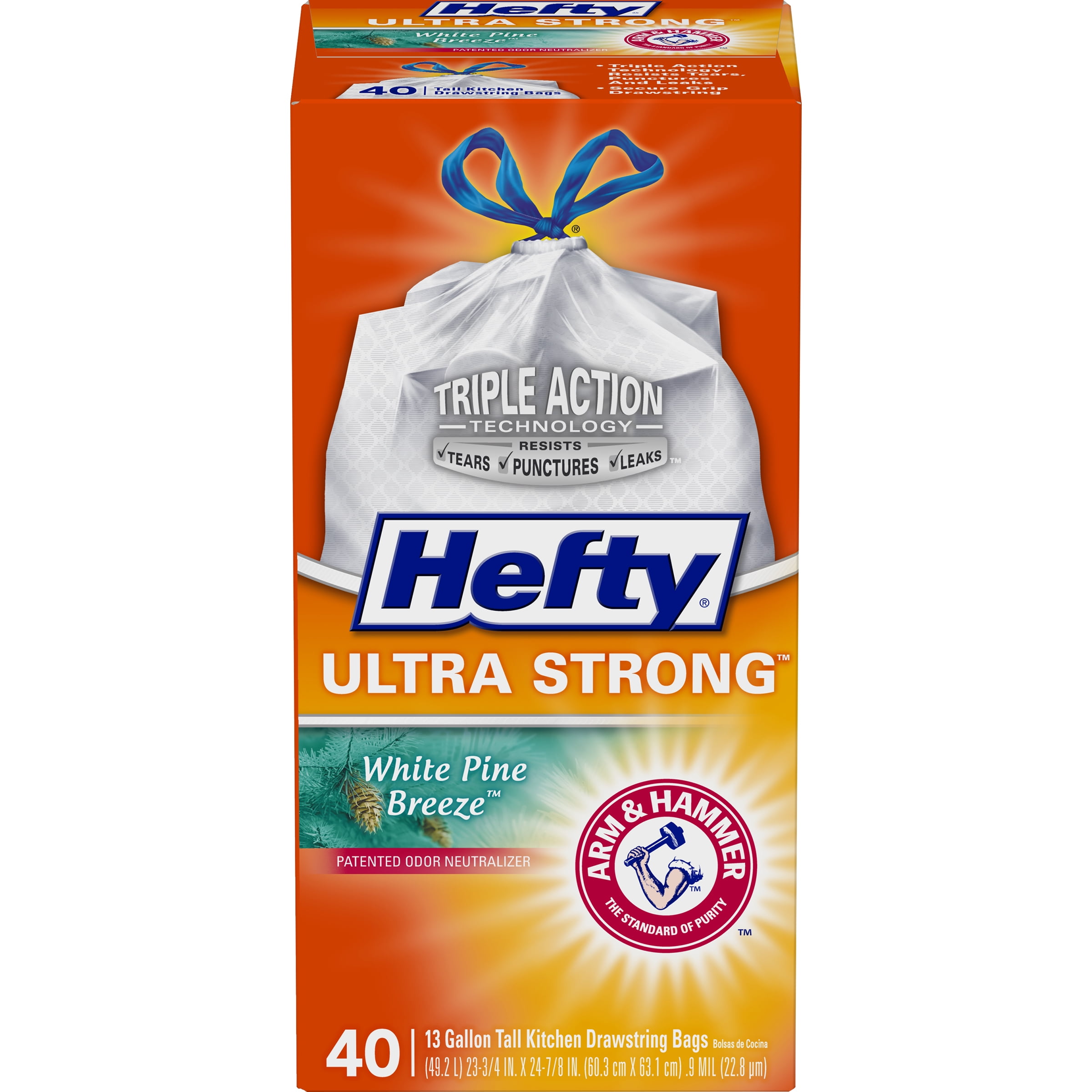 Hefty Ultra Strong Tall Kitchen Trash Bags, White Pine Breeze Scent, 13  Gallon, 40 Count 
