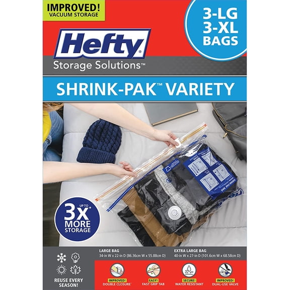 Hefty Vacuum Storage Bags - Space Saver for Under Bed Storage, Clothing and Comforters, Odor Resistant, 3X More Storage Space - 3 Large, 3 XL Bags